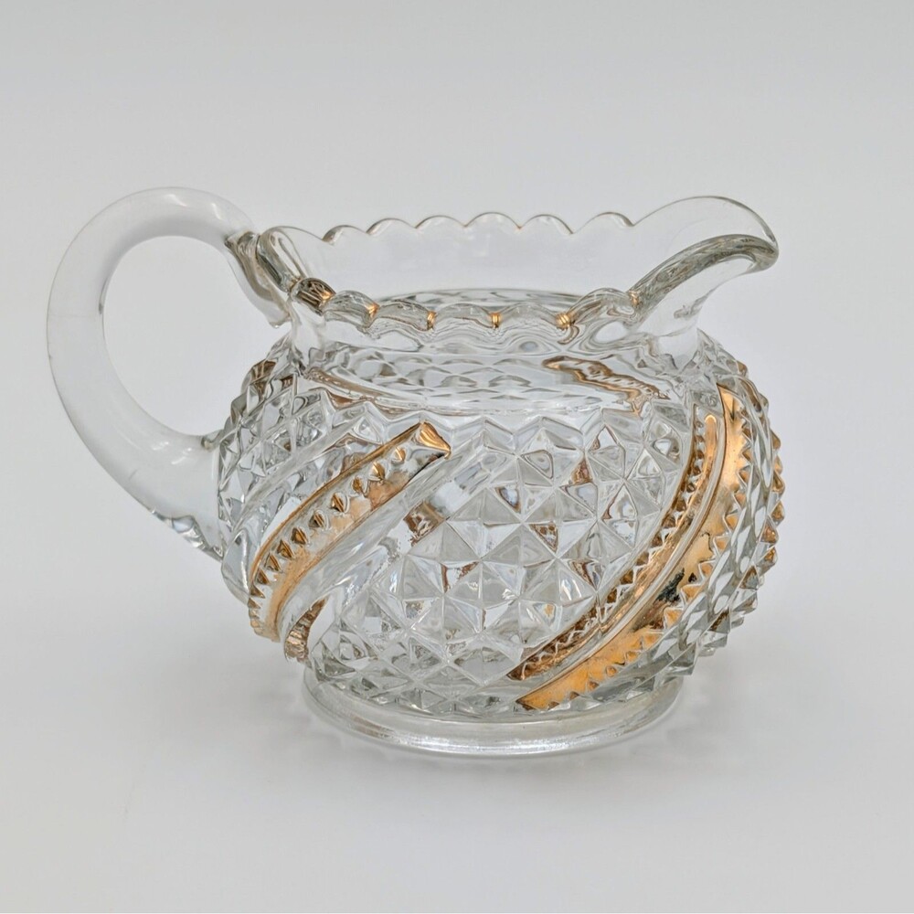 Vintage Brilliant Pressed Glass Creamer Gold Trim Diamond Star Pattern Scalloped